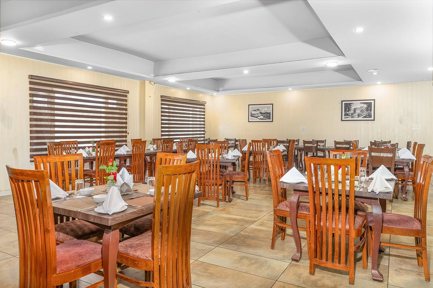 Hotel Sparrow in-house dining hall with warm wooden furnishings
