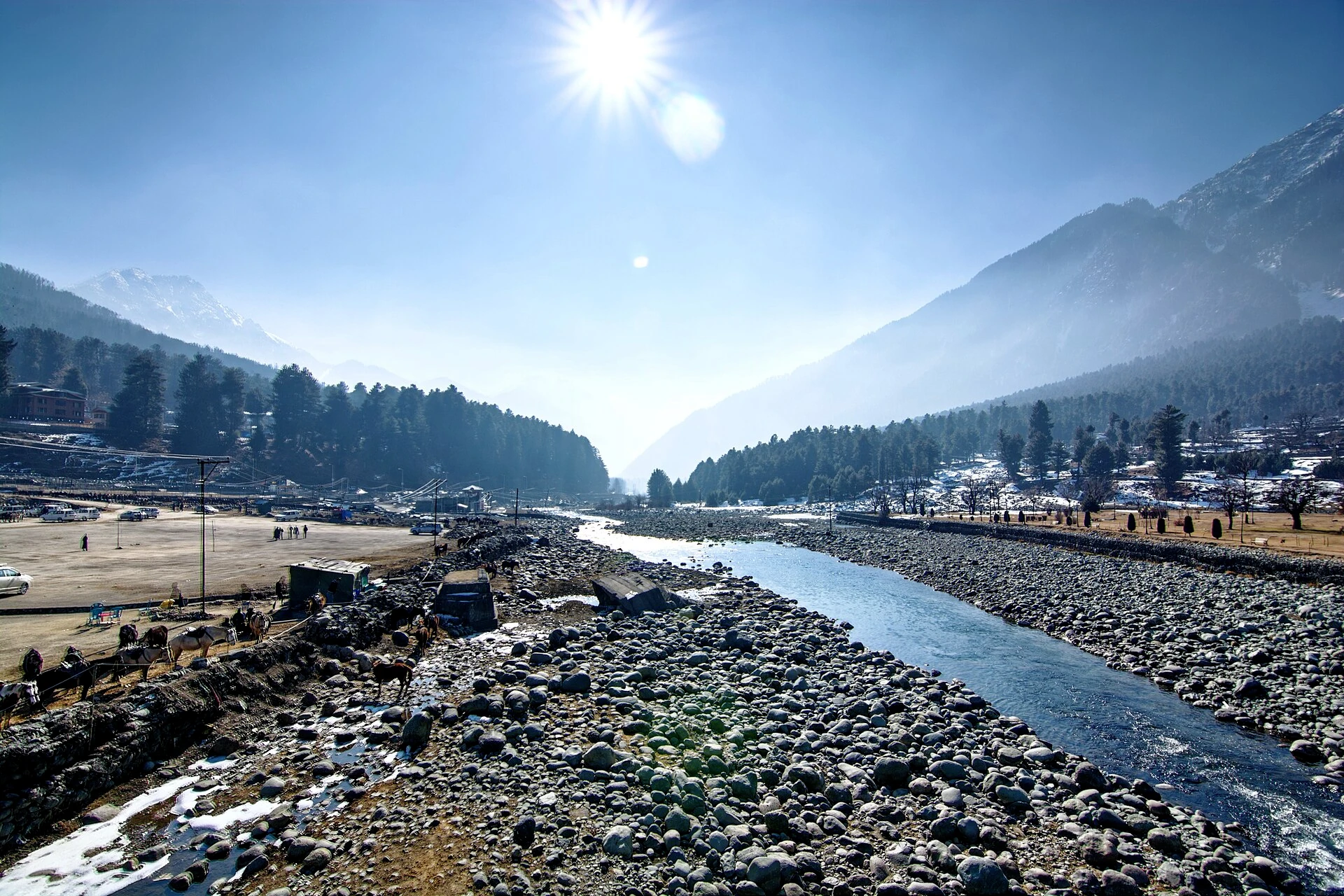 The Lidder River running past Pahalgam town towards pine-covered Himalayan slopes