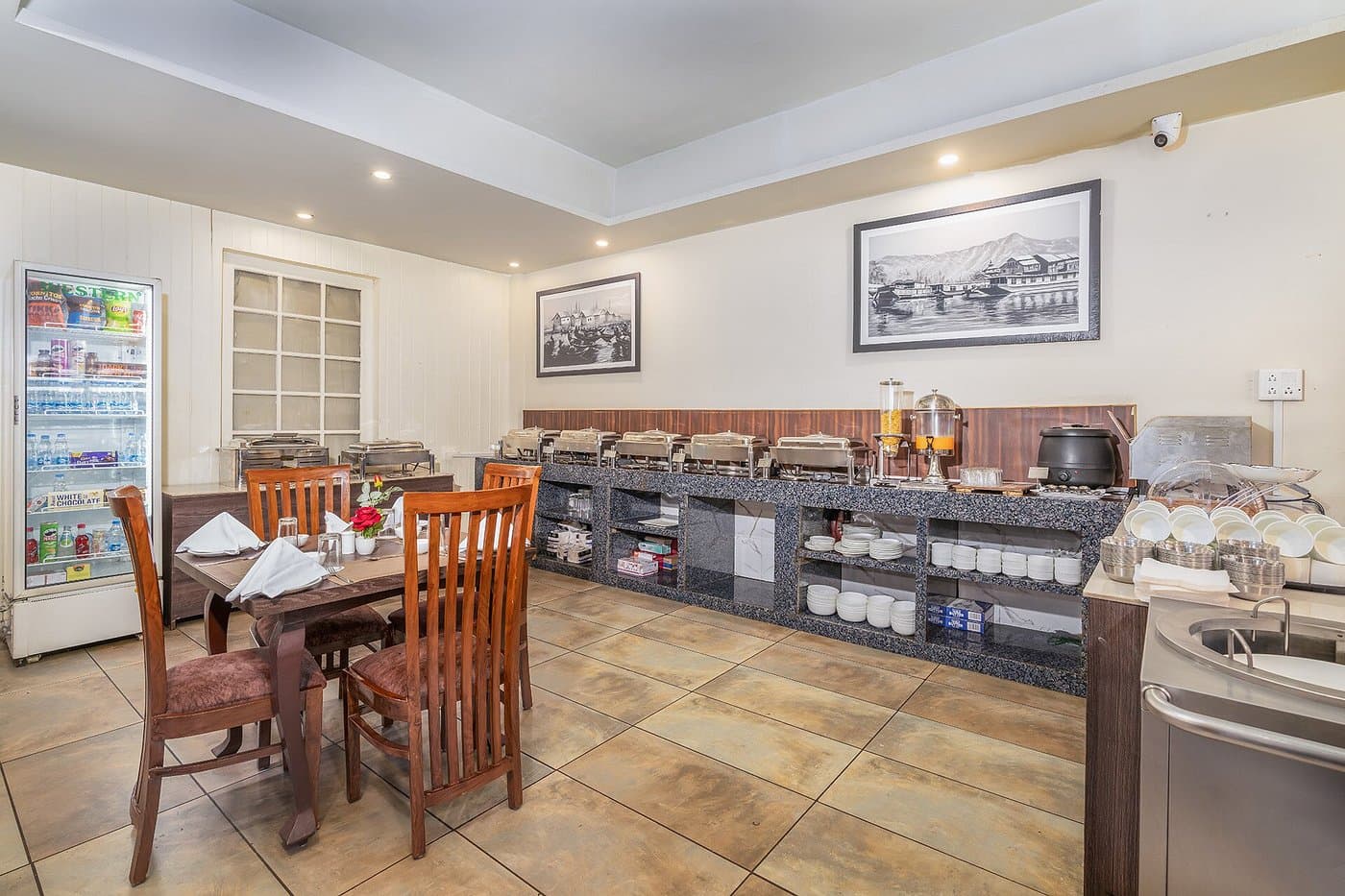 Dining hall seating at Hotel Sparrow