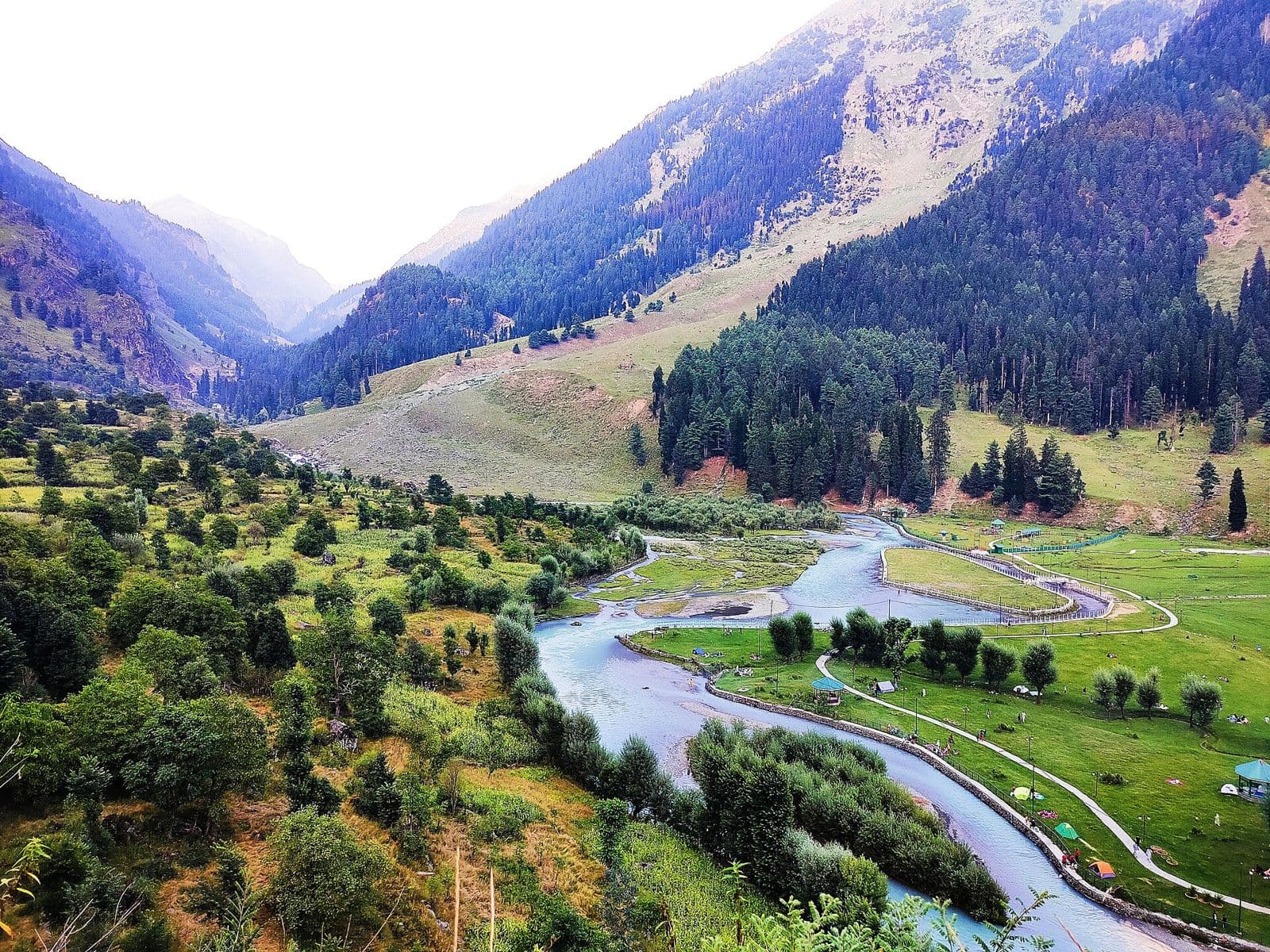 The stream winding through the green floor of Betaab Valley, Pahalgam The stream winding through the green floor of Betaab Valley, Pahalgam