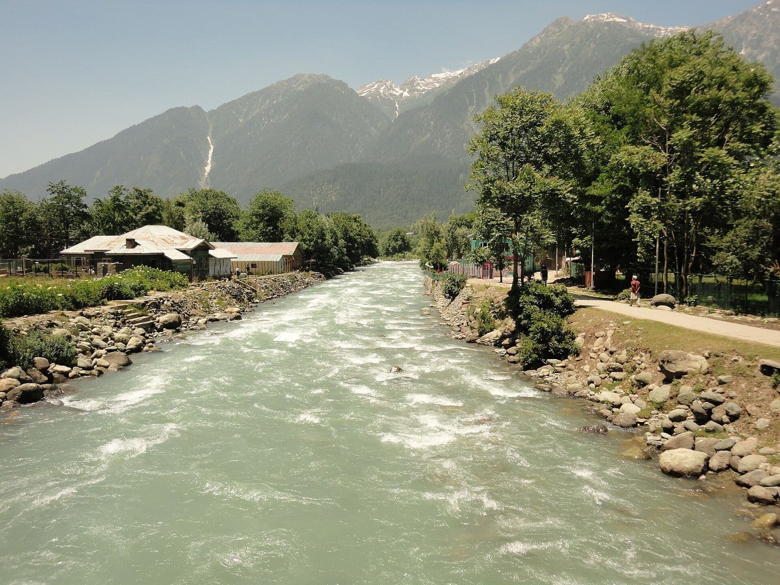 The Lidder River flowing through Pahalgam with mountains behind The Lidder River flowing through Pahalgam with mountains behind